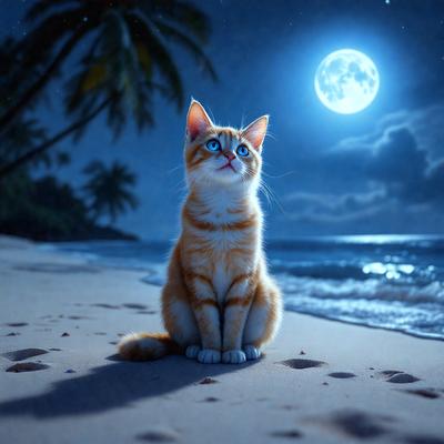 The primary subject of the image is a cat sitting on a beach at night. The cat is looking up at the moon, which is visible in the sky. The setting is a beach with sand and water, and the visual style is a digital art or illustration. The dominant colors are black, white, and shades of blue, creating a calm and serene atmosphere.